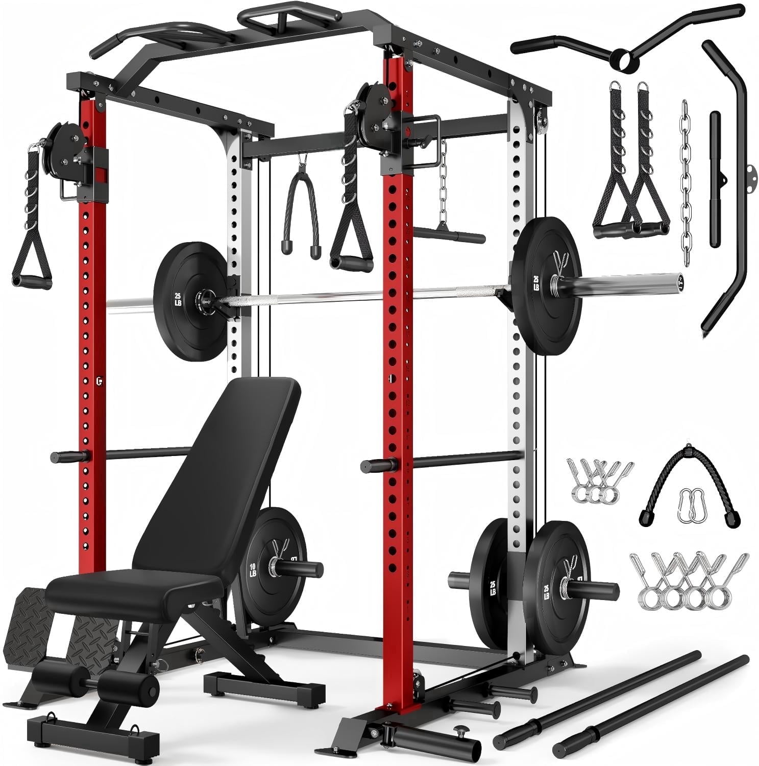 Power Cage, 2000LBS Squat Rack with with Cable Crossover and Dual Independent Pulley System, Full Cage for Full Body Training, Power Rack with More Training Attachments for Home Gym