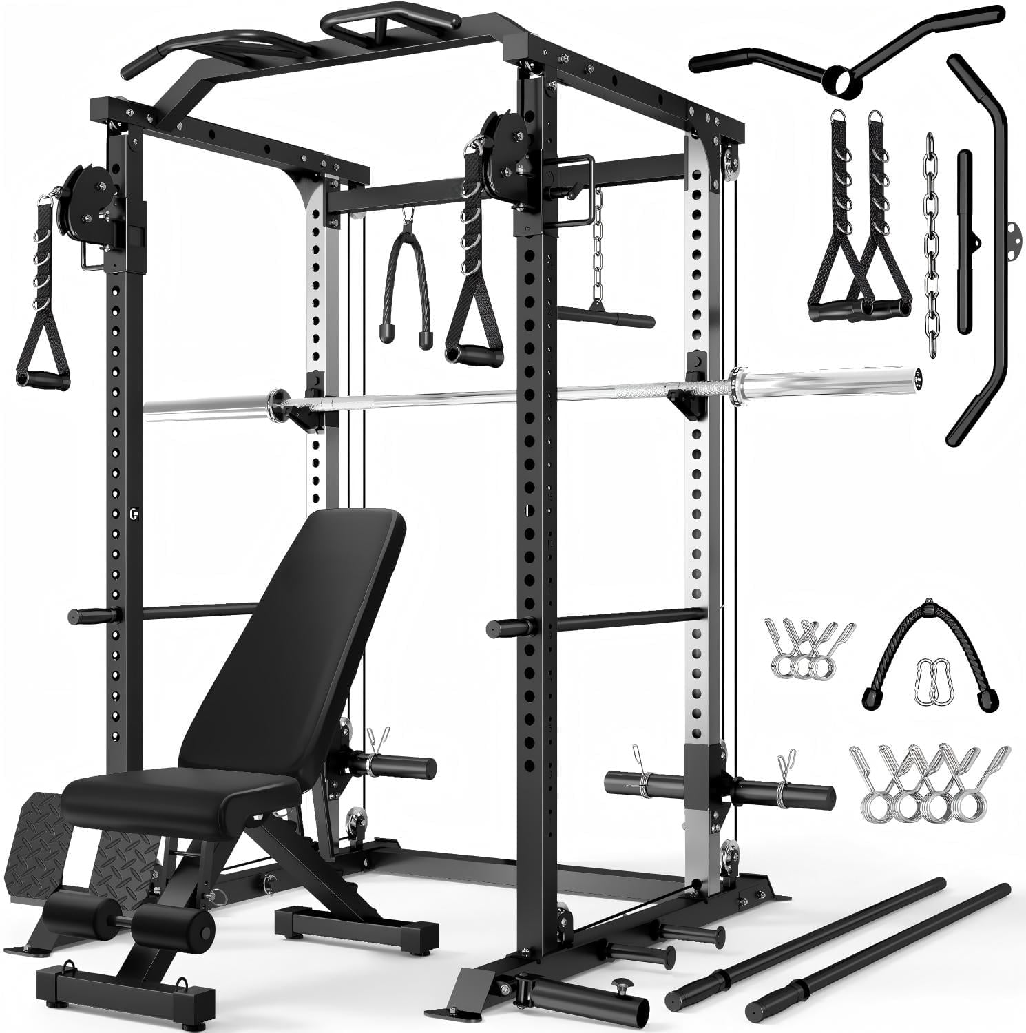Power Cage, 2000LBS Squat Rack with with Cable Crossover and Dual Independent Pulley System, Full Cage for Full Body Training, Power Rack with More Training Attachments for Home Gym