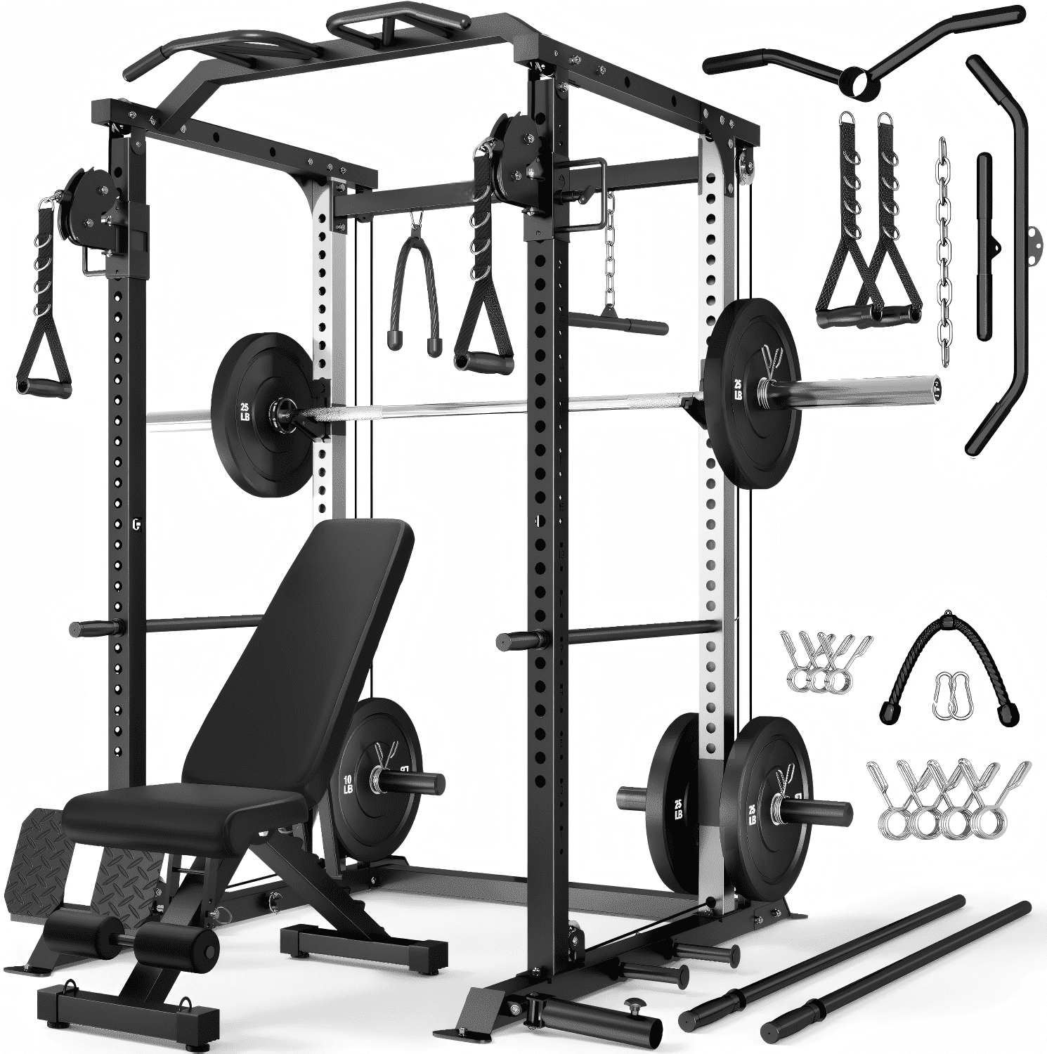 Power Cage, 2000LBS Squat Rack with with Cable Crossover and Dual Independent Pulley System, Full Cage for Full Body Training, Power Rack with More Training Attachments for Home Gym