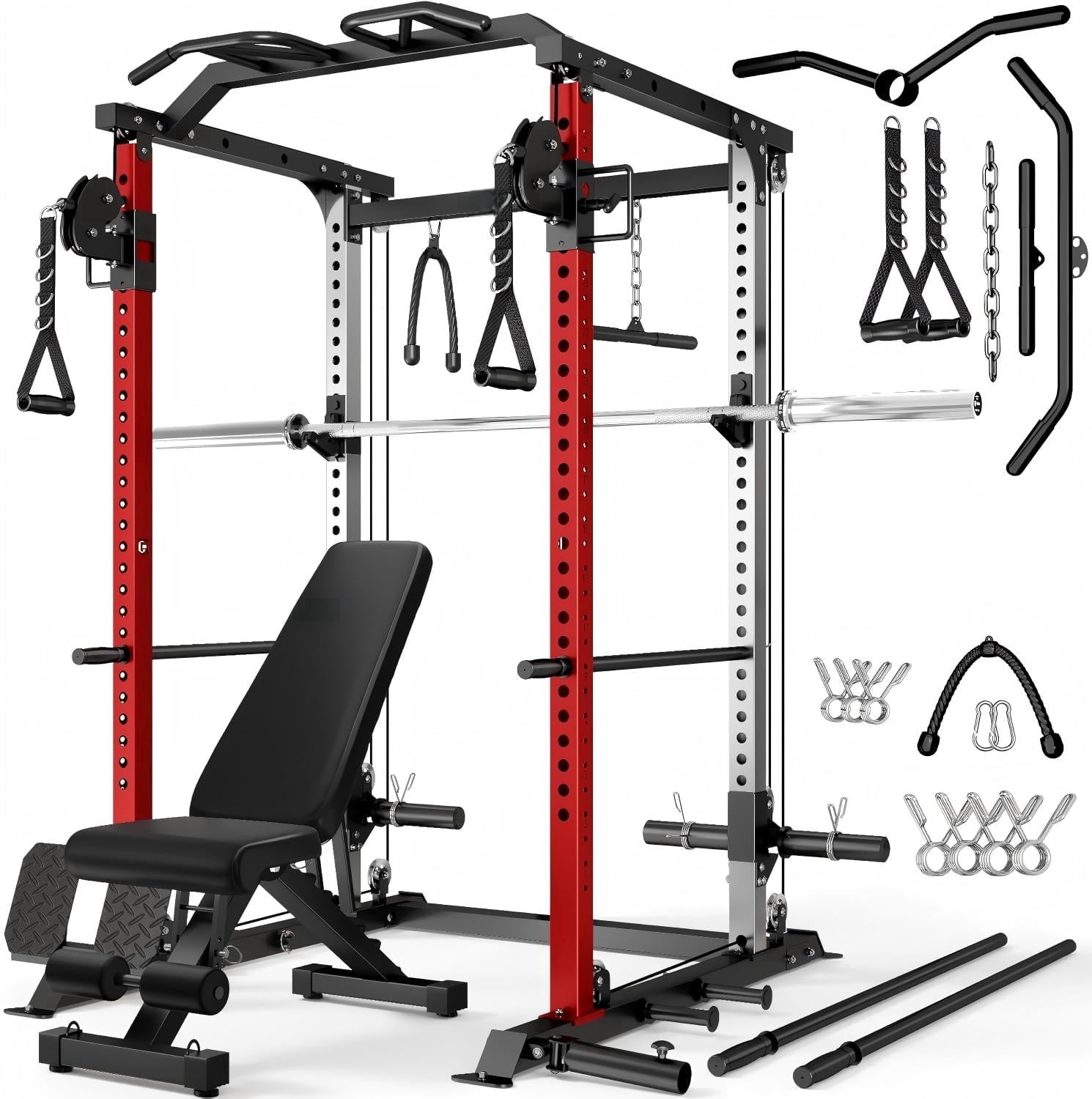 Power Cage, 2000LBS Squat Rack with with Cable Crossover and Dual Independent Pulley System, Full Cage for Full Body Training, Power Rack with More Training Attachments for Home Gym