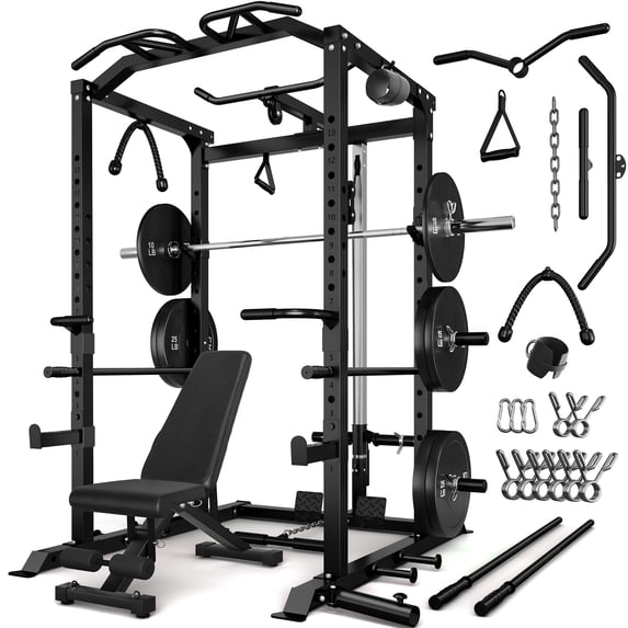 Power Cage, 2000LBS Squat Rack with LAT Pulldown, Multi-Function Weight Cage Strength Training Machine, Workout Cage with More Attachments for Home Gym Garage