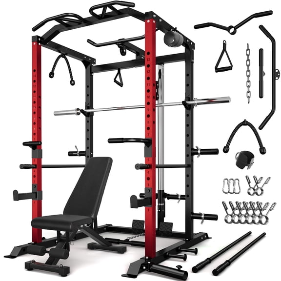 Power Cage, 2000LBS Squat Rack with LAT Pulldown, Multi-Function Weight Cage Strength Training Machine, Workout Cage with More Attachments for Home Gym Garage