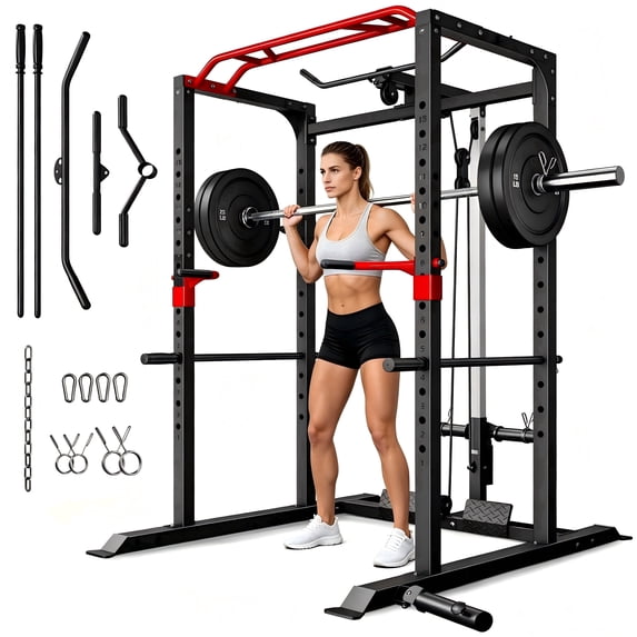 Power Rack Power Cage with LAT Pulldown Attachment and Pull Up Bar,2000LBS Squat Rack for Home Gym