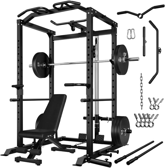 MITONOS 2000LBS Power Cage, Multi‑Function Squat Power Rack with LAT Pulldown, Pull‑Up Bar & Cable Pulley System for Home Gym