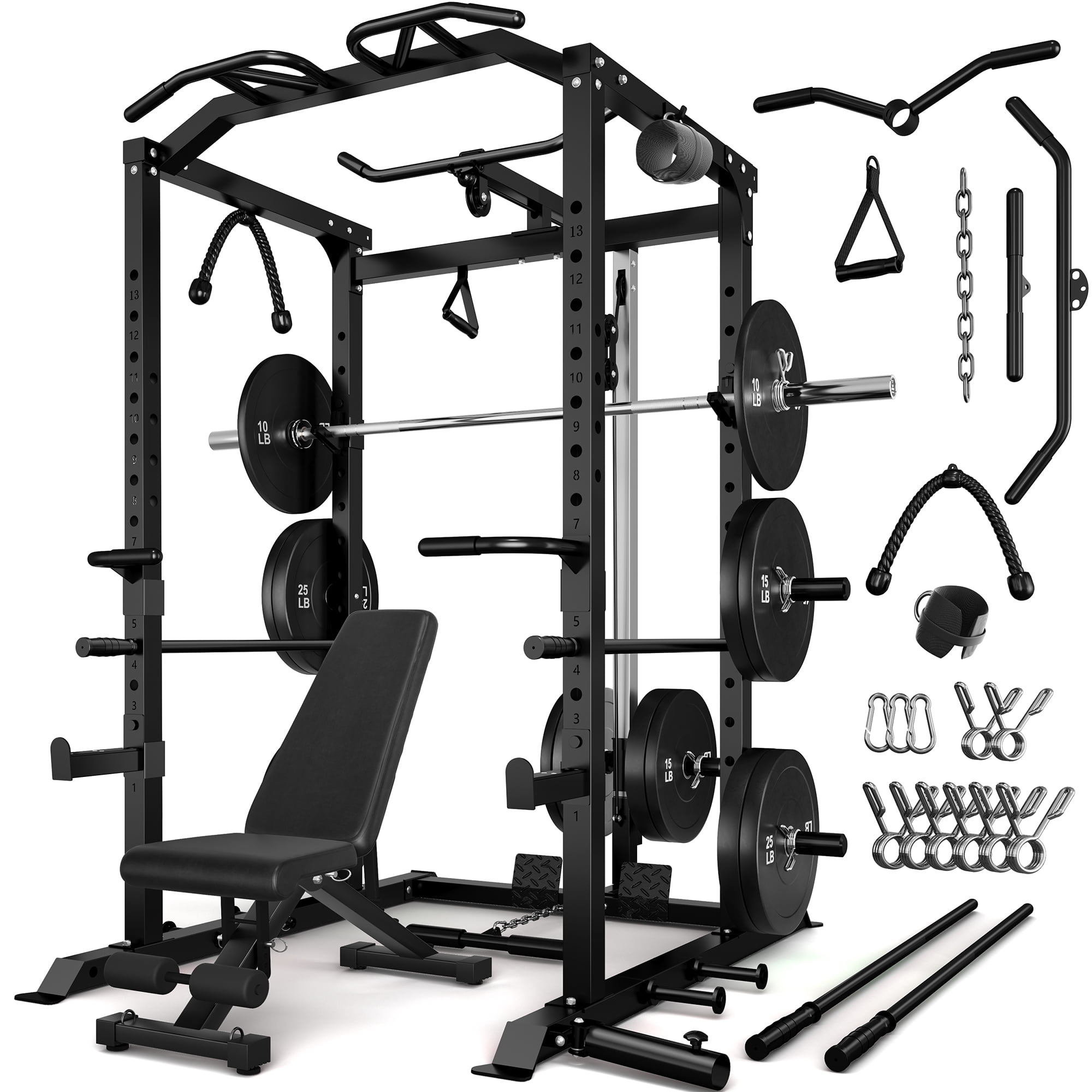 Power Cage, 2000LBS Squat Rack with LAT Pulldown, Multi-Function Weight Cage Strength Training Machine, Workout Cage with More Attachments for Home Gym Garage