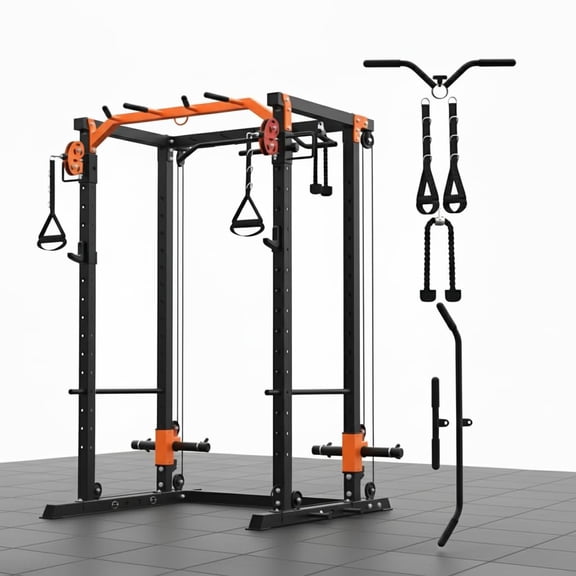 Power Cage, All-in-1 Home Gym with LAT Pulldown & Cable System, 2000LBS Squat Rack for Home & Garage & Apartment Use, Workout Cage with More Attachments (Orange