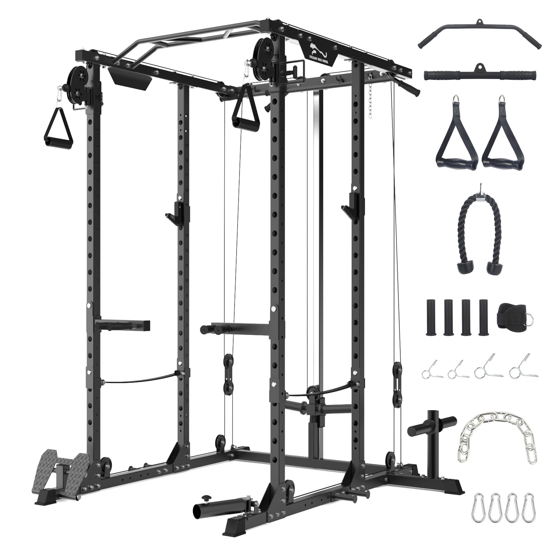 Power Cage with Cable CrossOver System, MultiFunctional Power Rack with LAT Pull Down System