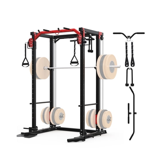 Power Cage with Cable Crossover & Lat Pulldown System, 2000LBS Capacity Squat Rack for Home Gym Strength Training, Multifunctional Power Rack with Pulley System