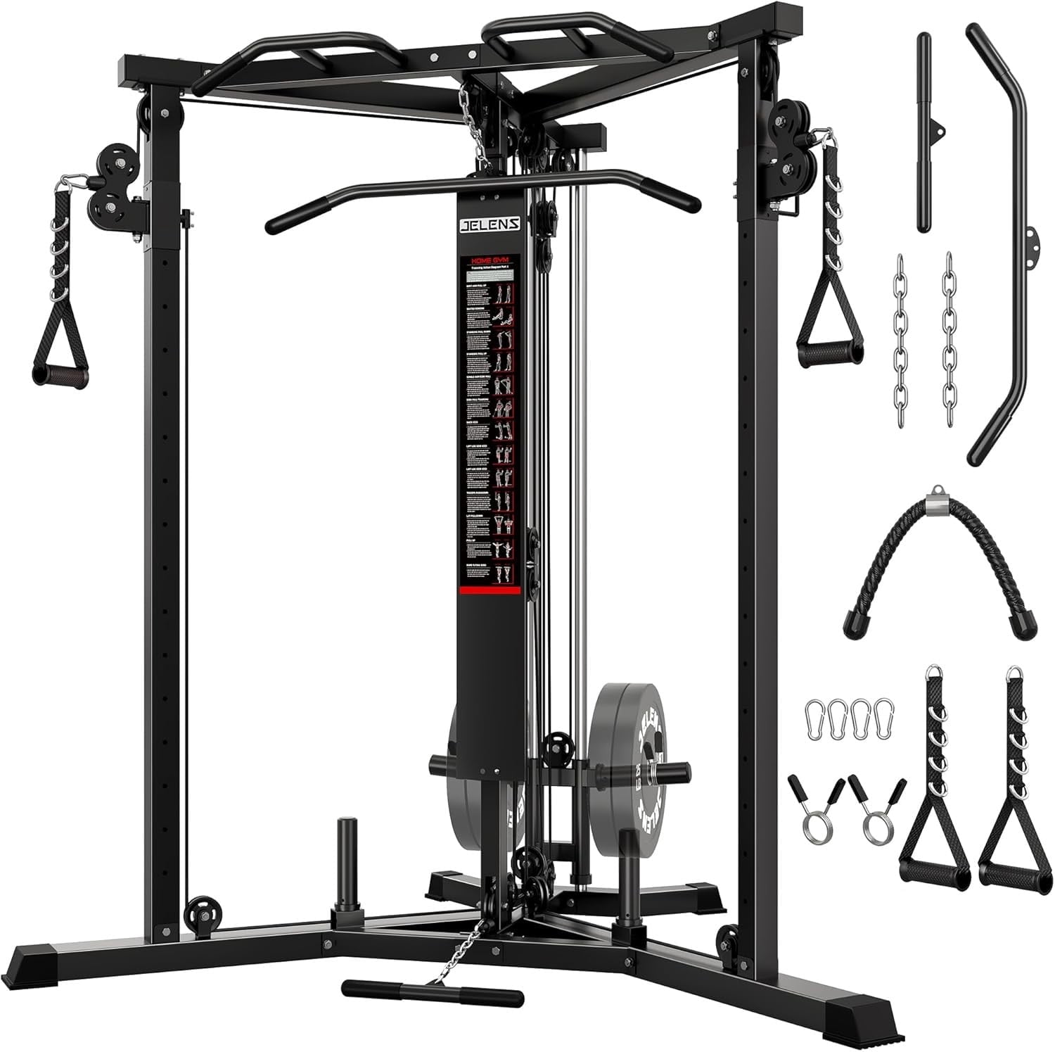 Power Cage with Cable Crossover System,Functional Trainer with High and Low Pulley System for Chest Fly, Power Rack with LAT Pulldown and Seated Cable Row for Home Gym,Black