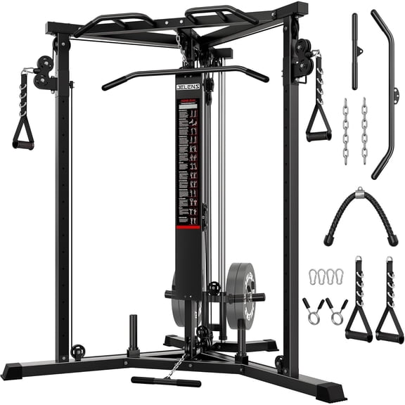 Power Cage with Cable Crossover System,Functional Trainer with High and Low Pulley System for Chest Fly, Power Rack with LAT Pulldown and Seated Cable Row for Home Gym,Black