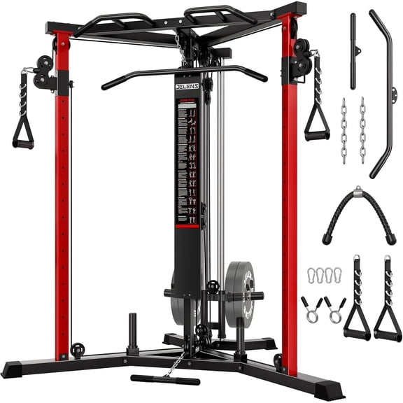 Power Cage with Cable Crossover System,Functional Trainer with High and Low Pulley System for Chest Fly, Power Rack with LAT Pulldown and Seated Cable Row for Home Gym,Red