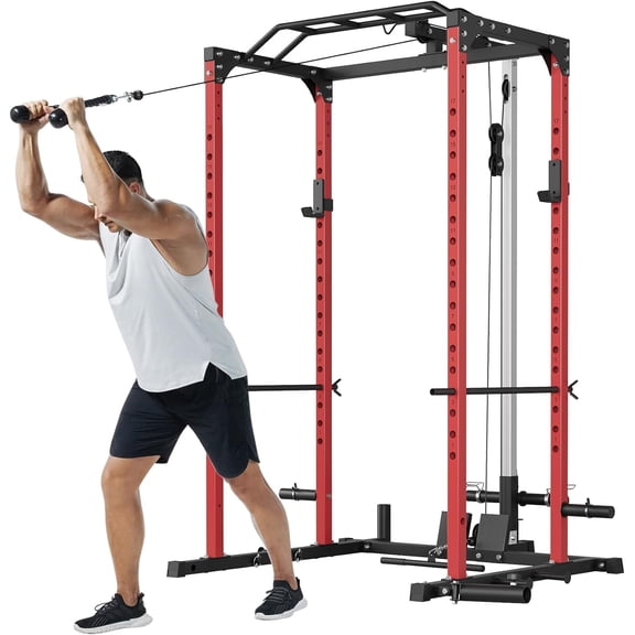 Power Cage with LAT Pull Down System, Multi-Functional Squat Rack with Low Row System, J-Hooks, Dip Bars, Pull Up Bar, 2000 LB Heavy Duty Power Rack Fitness Equipment for Home Gym