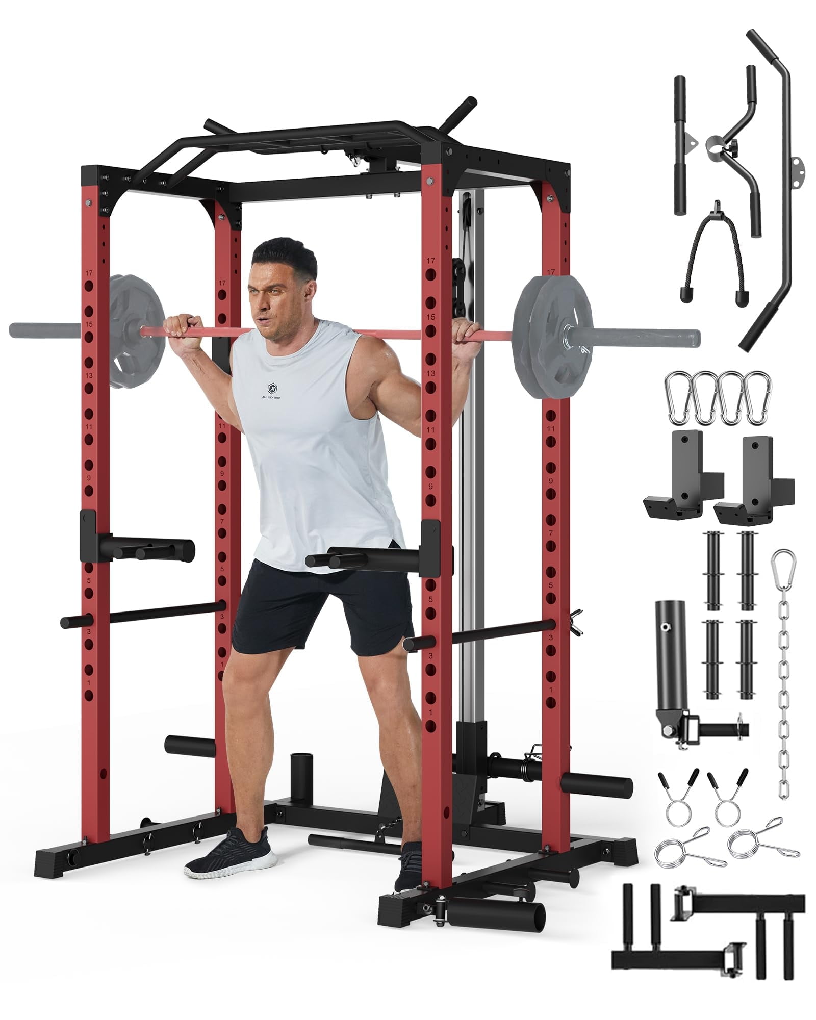 Power Cage with LAT Pull Down System, Multi-Functional Squat Rack with Low Row System, J-Hooks, Dip Bars, Pull Up Bar, 2000 LB Heavy Duty Power Rack Fitness Equipment for Home Gym