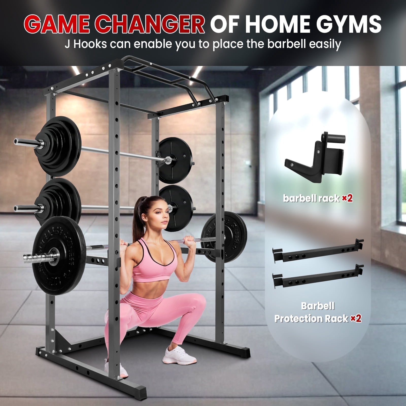 Power Cage with LAT Pulldown, Multi-Functional Power Rack with Cable Pulley System and J-Hooks, Squat Rack with Dip Bars and Landmine Attachment, Weight Cage for Home Gym Equipment