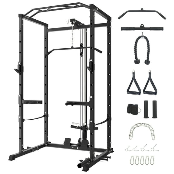Power Cage with LAT Pulldown, Multi-Functional Power Rack with J-Hooks, Dip Handles, Landmine Attachment and Cable Pulley System, Weight Cage for Home Gym,Black