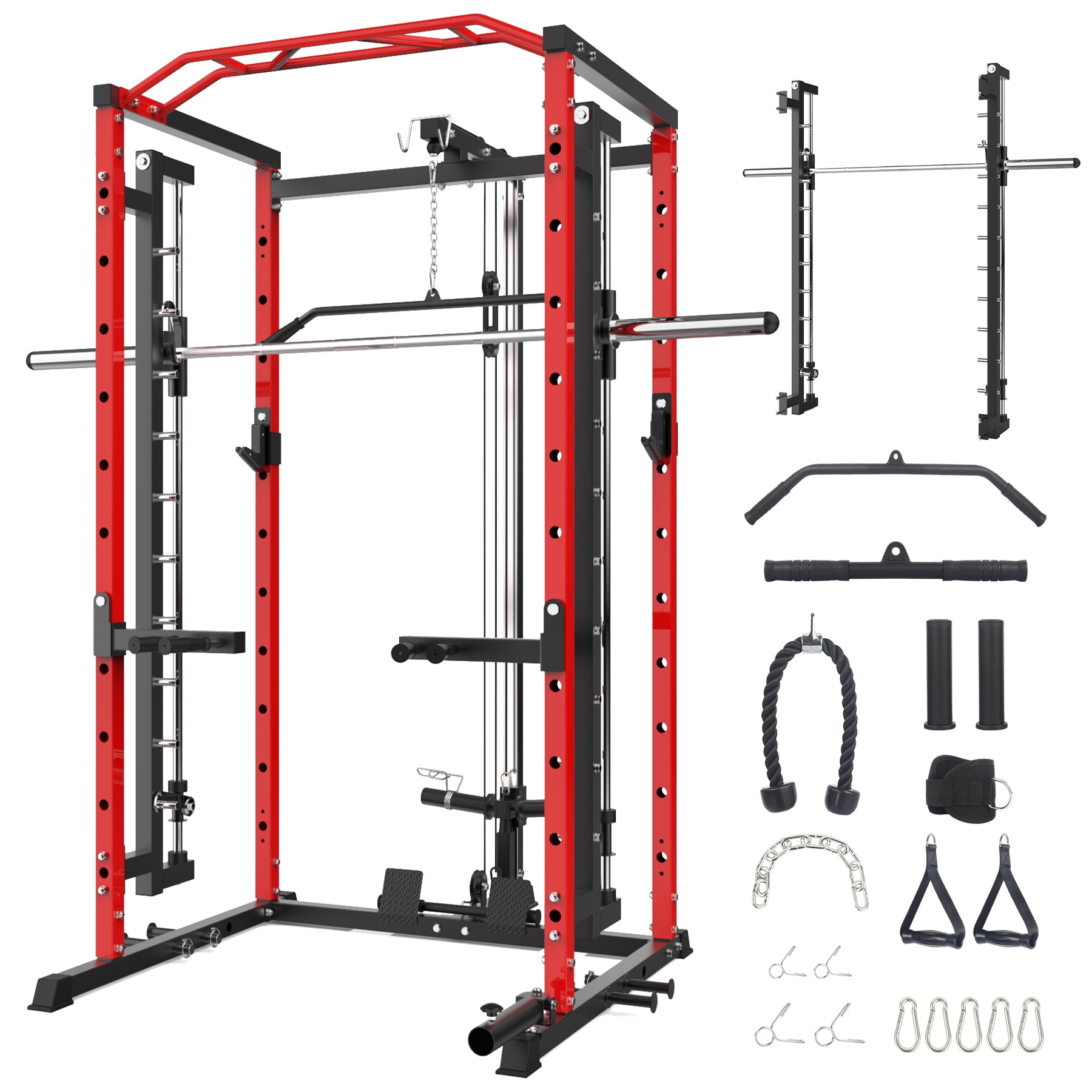 Power Cage with LAT Pulldown Multi Functional Power Rack with Smith Bar J Hooks Dip Handles Landmine Attachment and Cable Pulley System Weight Cage for Home Gym Black Red Walmart