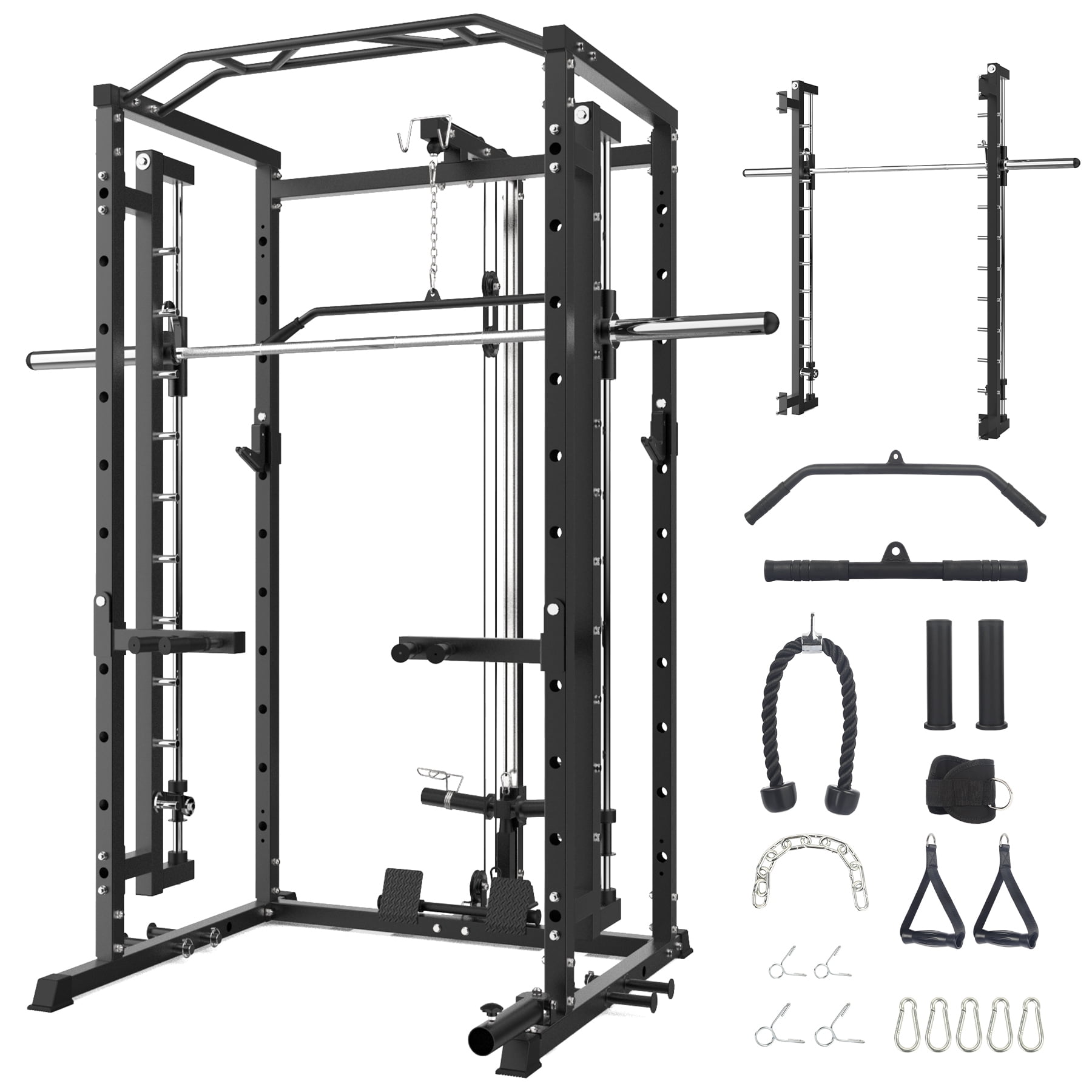 Power Cage with LAT Pulldown, MultiFunctional Power Rack with Smith Bar, JHooks, Dip Handles