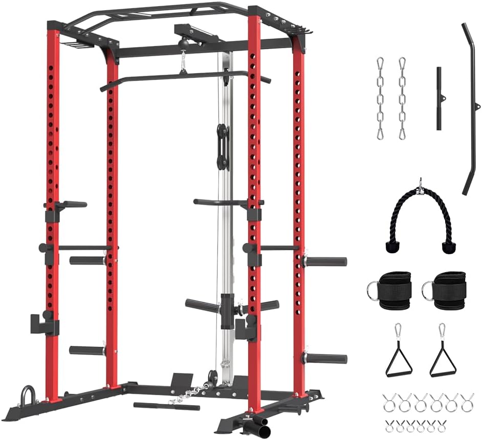 Power Cage, MultiFunctional Power Rack with LAT Pulldown Cable Pulley
