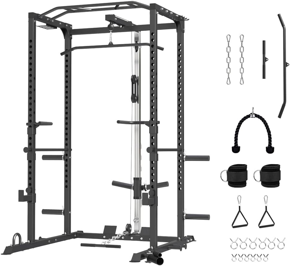 Power Cage, MultiFunctional Power Rack with LAT Pulldown Cable Pulley