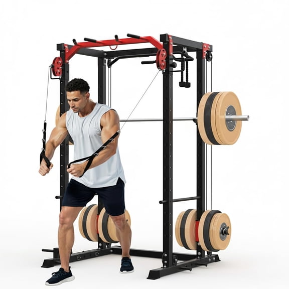 Power Cage, Power Rack with Cable Crossover System, 2000LBS Squat Rack with LAT Pull Down System, Workout Cage with Pulley System for Fitness Home Gym Strength Training (Red&Black)