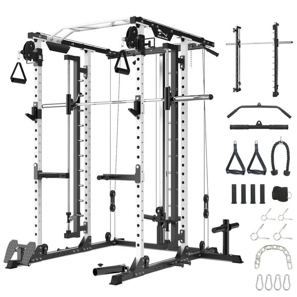 Power Cage with Smith Bar, 2000 Lbs Power Rack with Cable Cross-Over System, Multi-Functional Strength Training Squat Rack with LAT Pull Down System, Weight Cage Home Gym Equipment,Black+White