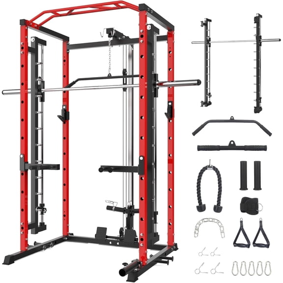 Power Cage with Smith Machine & LAT Pulldown, 1600LBS Power Rack with Cable Pulley System, Multi-Functional Home Gym Squat Rack with Dip Bars, j-Hooks, and 21 Attachments