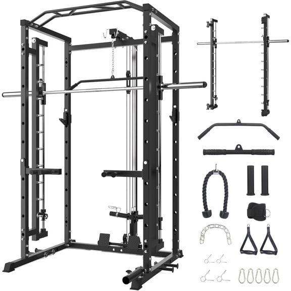 Power Cage with Smith Machine & LAT Pulldown, 1600LBS Power Rack with Cable Pulley System, Multi-Functional Home Gym Squat Rack with Dip Bars, j-Hooks, and 21 Attachments