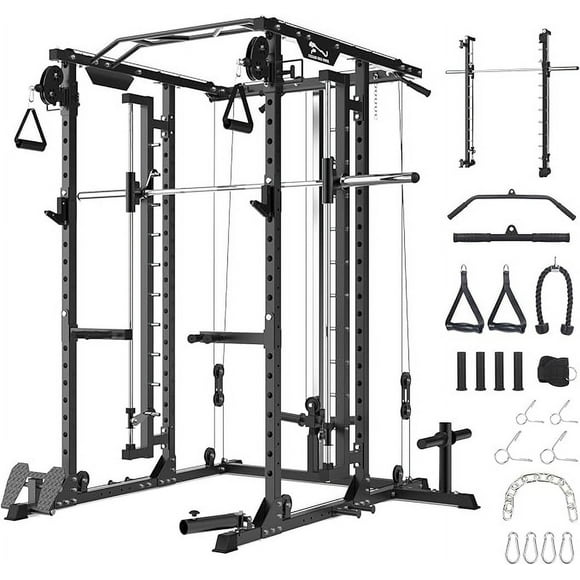 Power Cage with Smithbar, 2000 Lbs Power Rack with Cable Crossover System, Multi-Functional Strength Training Squat Rack with LAT Pulldown, Power Cage for Home Gym Equipment, Black