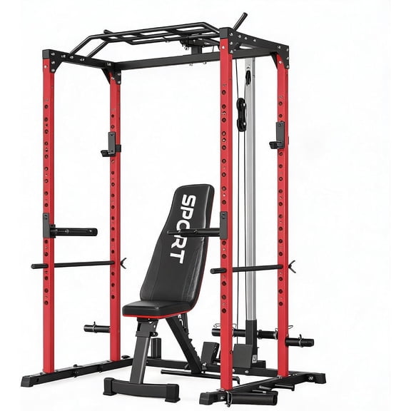 Power Cage Squat Rack, Power Rack for Home Gym, All in One Power Rack with Pulley System, 1200LBS Heavy Duty Gym Cage with Dip Bars, Pull Up Bar, and Weight Storage for Full Body Strength Training