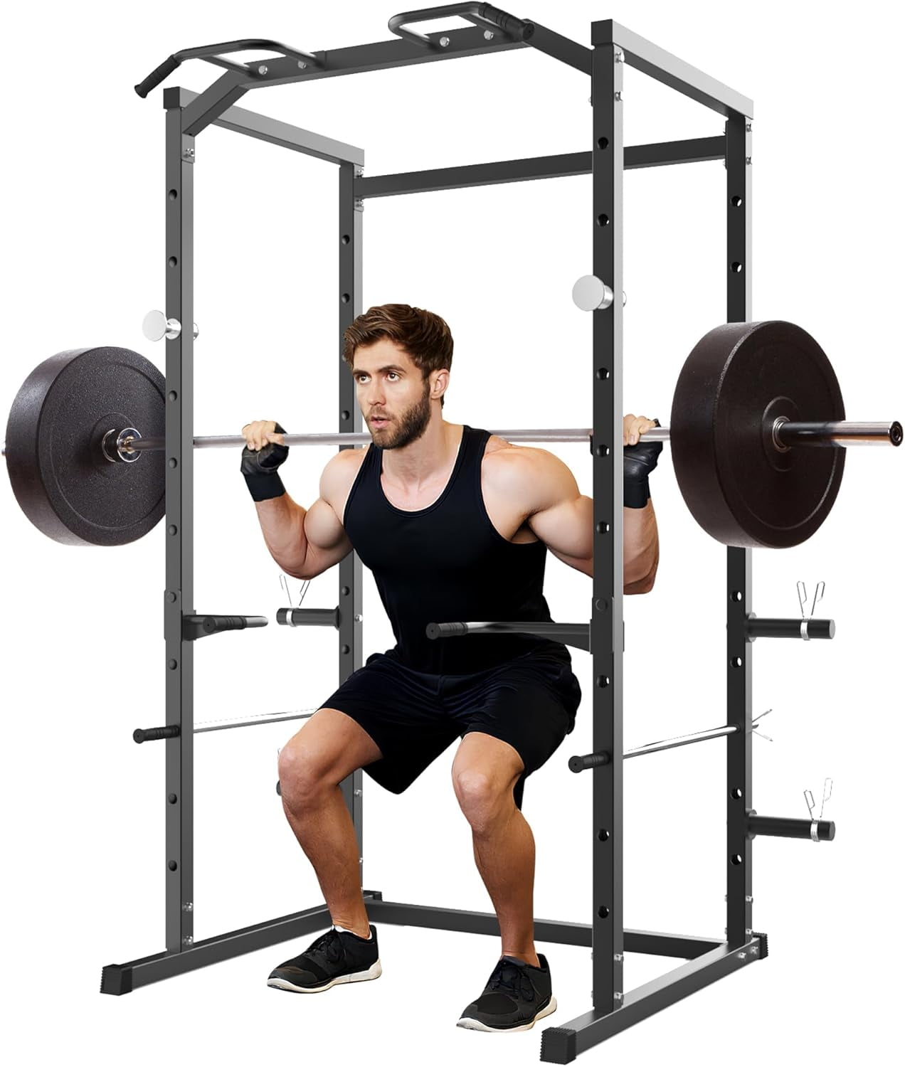 Power Cage, Squat Rack for Home Gym, 1100LB Capacity Power Rack with Pull-Up Bar, Adjustable Safety Bars, Strength Training for Home Gym，Black