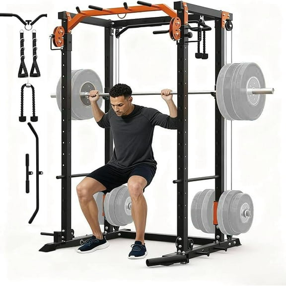 Power Cage for Home Gym, 2000LBS Power Squat Rack with Cable Crossover & Pulley System, Workout Cage Smith Machine for Full Body Strength Training