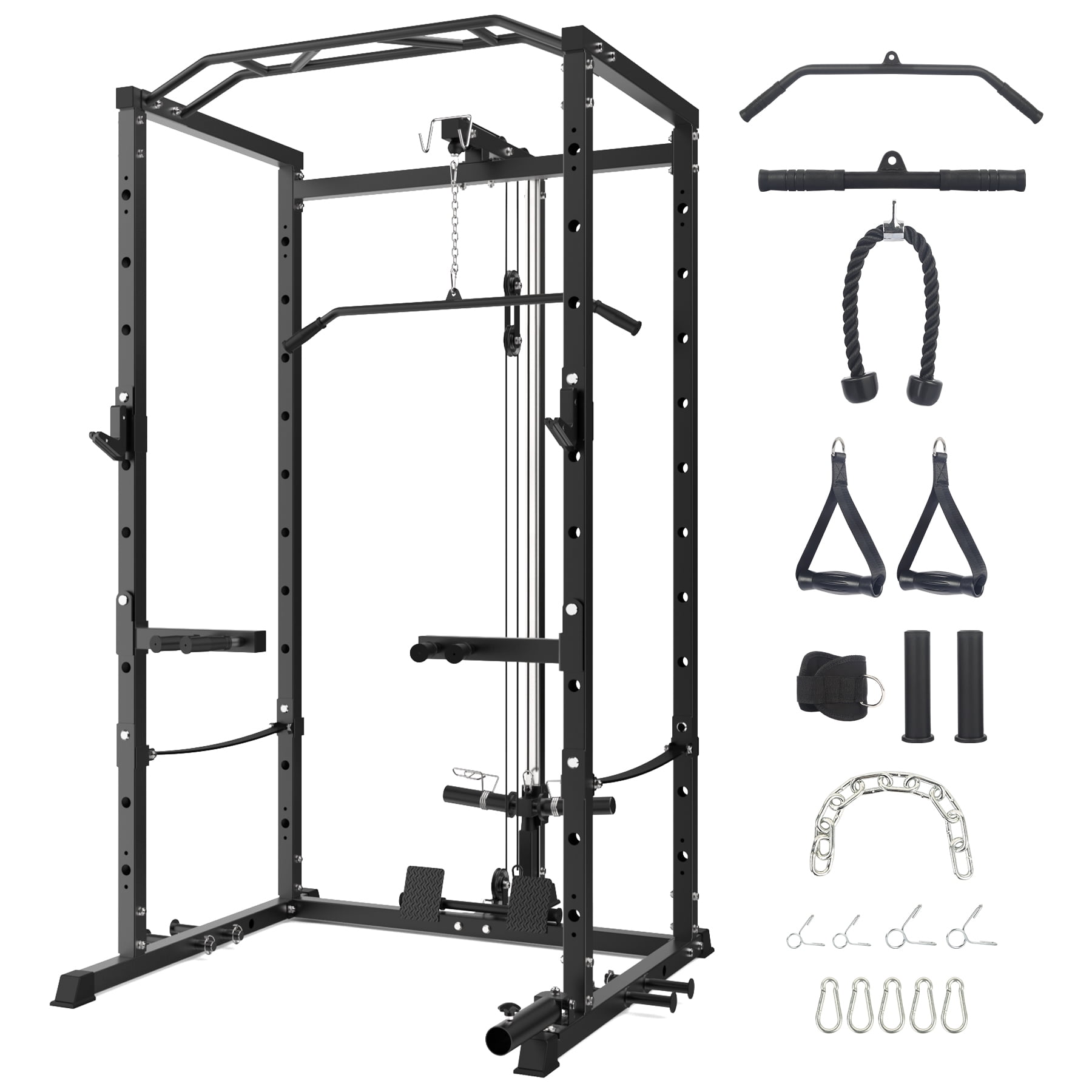 Power Cage with LAT Pulldown, 1600LBS Multi-Functional Home Gym Squat Rack with Cable Pulley System, Dip Bars & Landmine Attachment