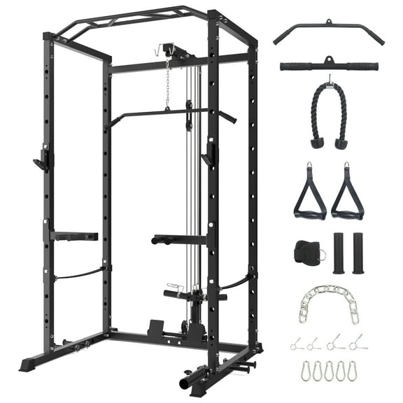 Power Cage with LAT Pulldown, 1600LBS Multi-Functional Home Gym Squat Rack with Cable Pulley System, Dip Bars & Landmine Attachment