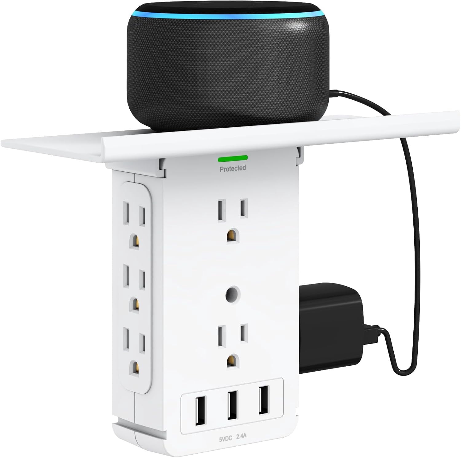 Power Charger Shelf- 11 Port Surge Protector Wall Outlet, 8 Electrical Outlet Extenders and 3 USB Ports 3.4A, with Removable Built-in Shelf and LED Indicator, FCC Listed, White