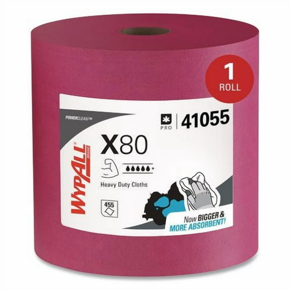 Power Clean X80 Heavy Duty Cloths, Jumbo Roll, Perforated,12.4 x 12.2, Red, 455 Wipers/Roll | Bundle of 2