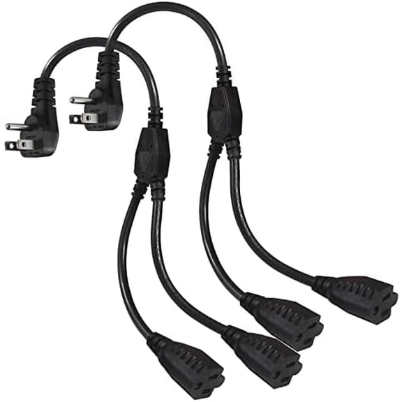 Power Cord Extension Y Splitter - 1 to 2 Way Outlet Adapter NEMA 5-15P 90-Degree Flat Plug to 2 X NEMA 5-15R with SJT 16AWG 3-Prong Cable Wire Extender Space Saver for Home Office Appliance 2-Pack