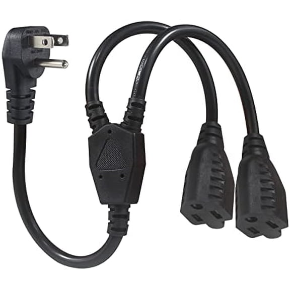 Power Cord Extension Y Splitter - 1 to 2 Way Outlet Adapter NEMA 5-15P 90-Degree Flat Plug to 2 X NEMA 5-15R with SJT 16AWG 3-Prong Cable Wire Extender Space Saver for Kitchen Home Office