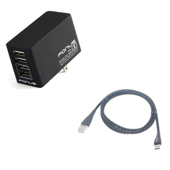 Power Cord Type-C Metal USB Cable w 4-Port USB 34W Home Charger J9K for Alcatel 3V (2019) - ASUS ROG Phone 2 - BLU G9 Pro - BOLD N1 - Coolpad Legacy S - Google Pixel 4 XL - LG G8X ThinQ