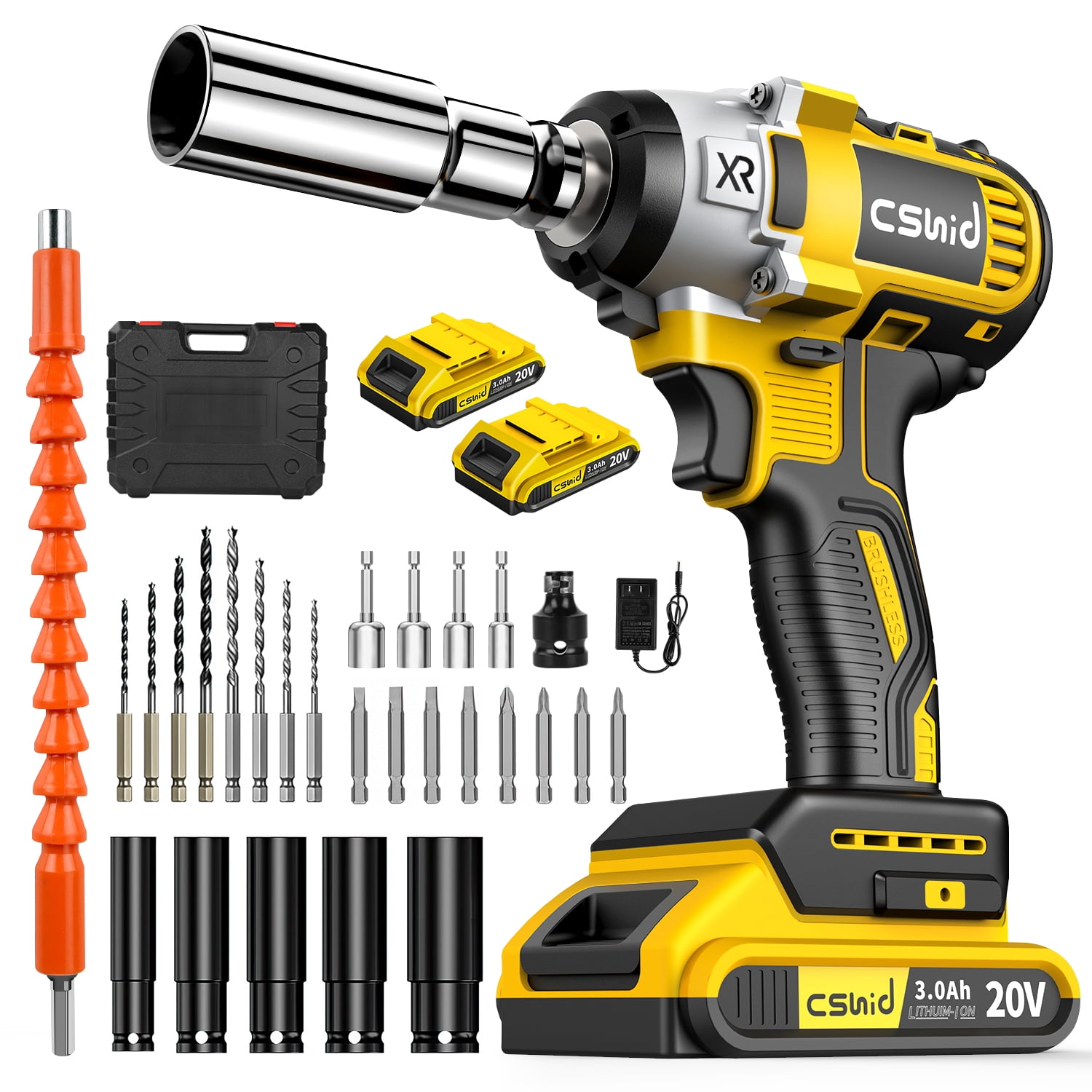 Power Cordless Impact Wrench 1/2", 20V Impact Brushless Motor with 2 x 3.0A Batteries, 2-Mode Speed & Max Torque 280 ft lbs (380N.m), Power Impact Wrench with 5 Sockets,8 Drill,8 Screws for Home Car