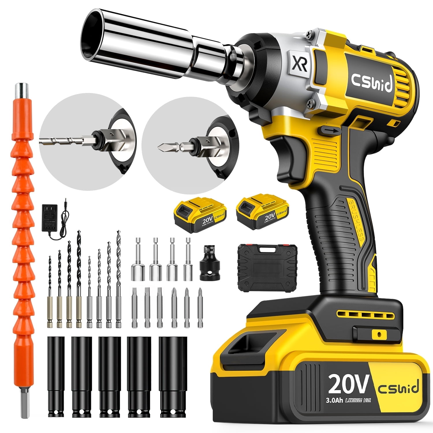 Cshidworld Power Cordless Impact Wrench 1/2", 20V Impact Brushless Motor with 2 x 3.0A Batteries, 2-Mode Speed & Max Torque 280 ft lbs (380N.m), Power Impact Wrench with 5 Sockets,8 Drill,6 Screws