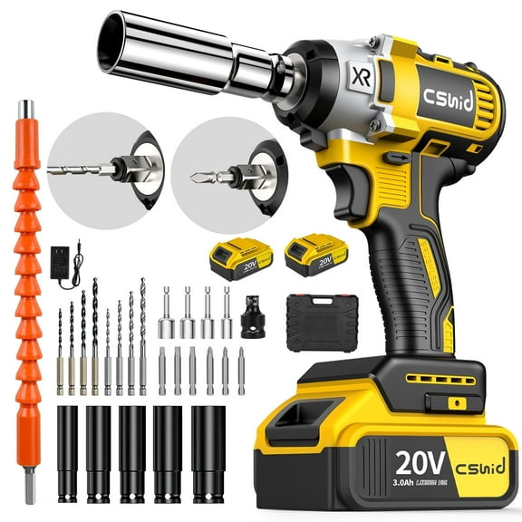 Cshidworld Power Cordless Impact Wrench 1/2", 20V Impact Brushless Motor with 2 x 3.0A Batteries, 2-Mode Speed & Max Torque 280 ft lbs (380N.m), Power Impact Wrench with 5 Sockets,8 Drill,6 Screws