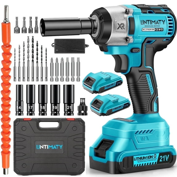 Power Cordless Impact Wrench 1/2", 21V Impact Brushless Motor with 2 x 2.0Ah Batteries, 2-Mode Speed & Max Torque 280 ft lbs (380N.m), Power Impact Wrench with 5 Sockets,8 Drill,6 Screws for Home Car