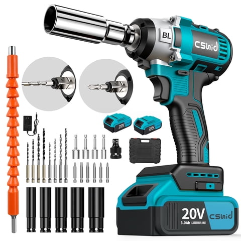Cshidworld Power Cordless Impact Wrench 1/2", 20V Impact Brushless Motor with 2 x 3.0A Batteries, 2-Mode Speed & Max Torque 280 ft lbs (380N.m), Power Impact Wrench with 5 Sockets,8 Drill,6 Screws