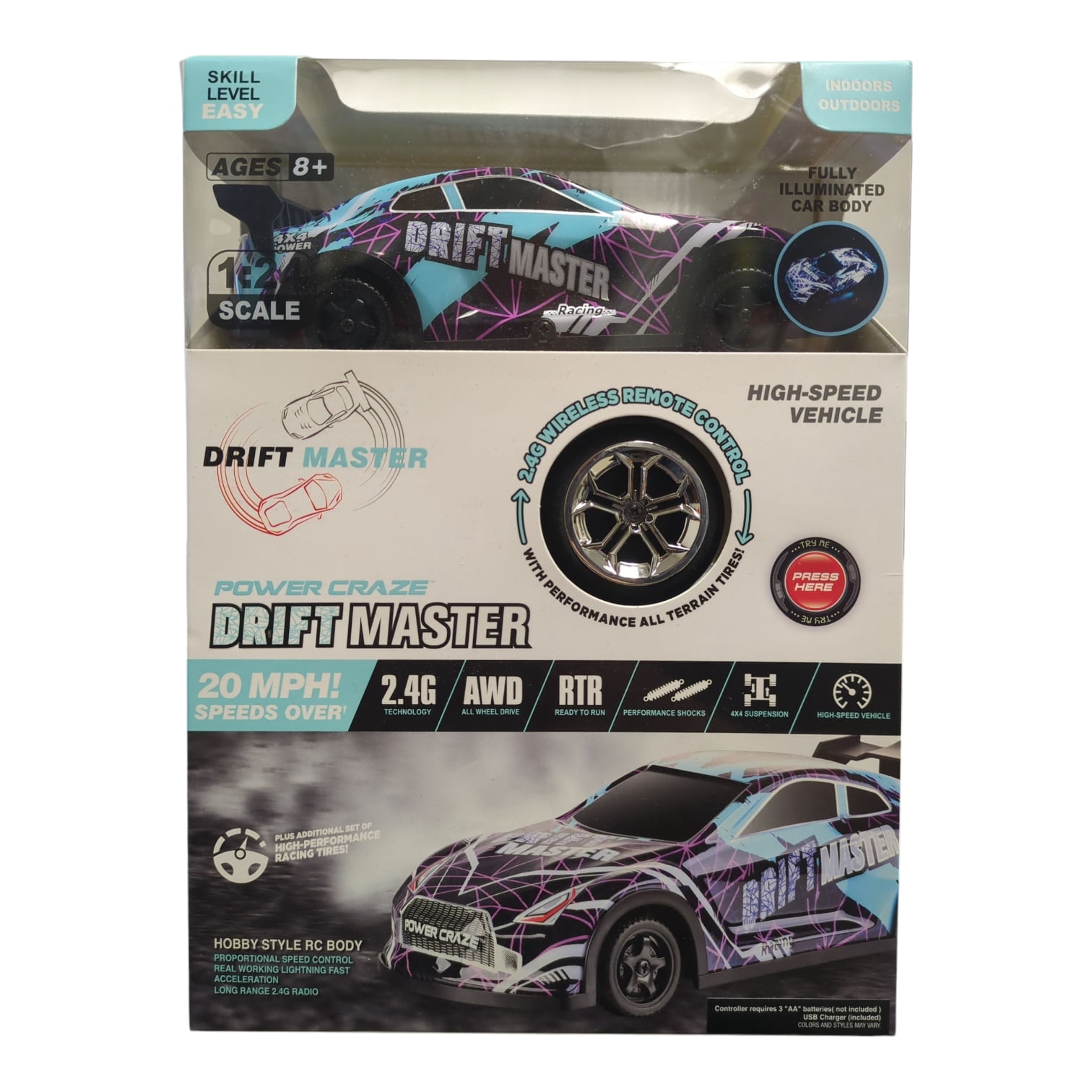 Power Craze Drift Master RC Car 1:24 AWD 20 MPH 2.4G LED Lights