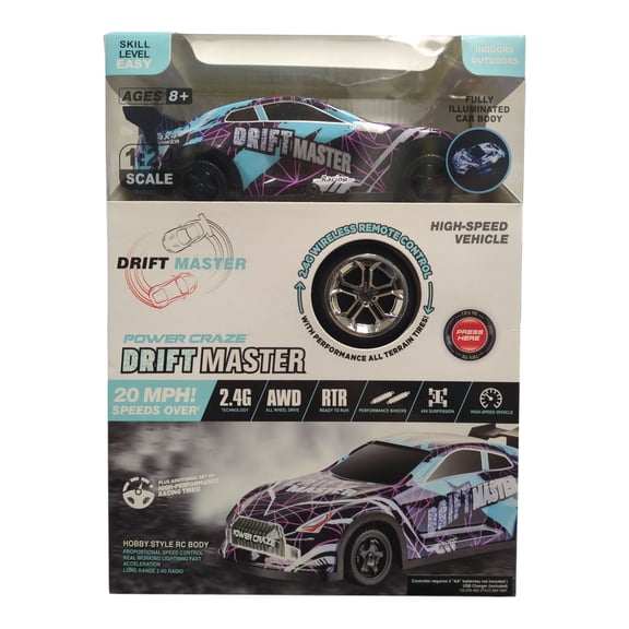 Power Craze Drift Master RC Car 1:24 AWD 20 MPH 2.4G LED Lights RTR 8+