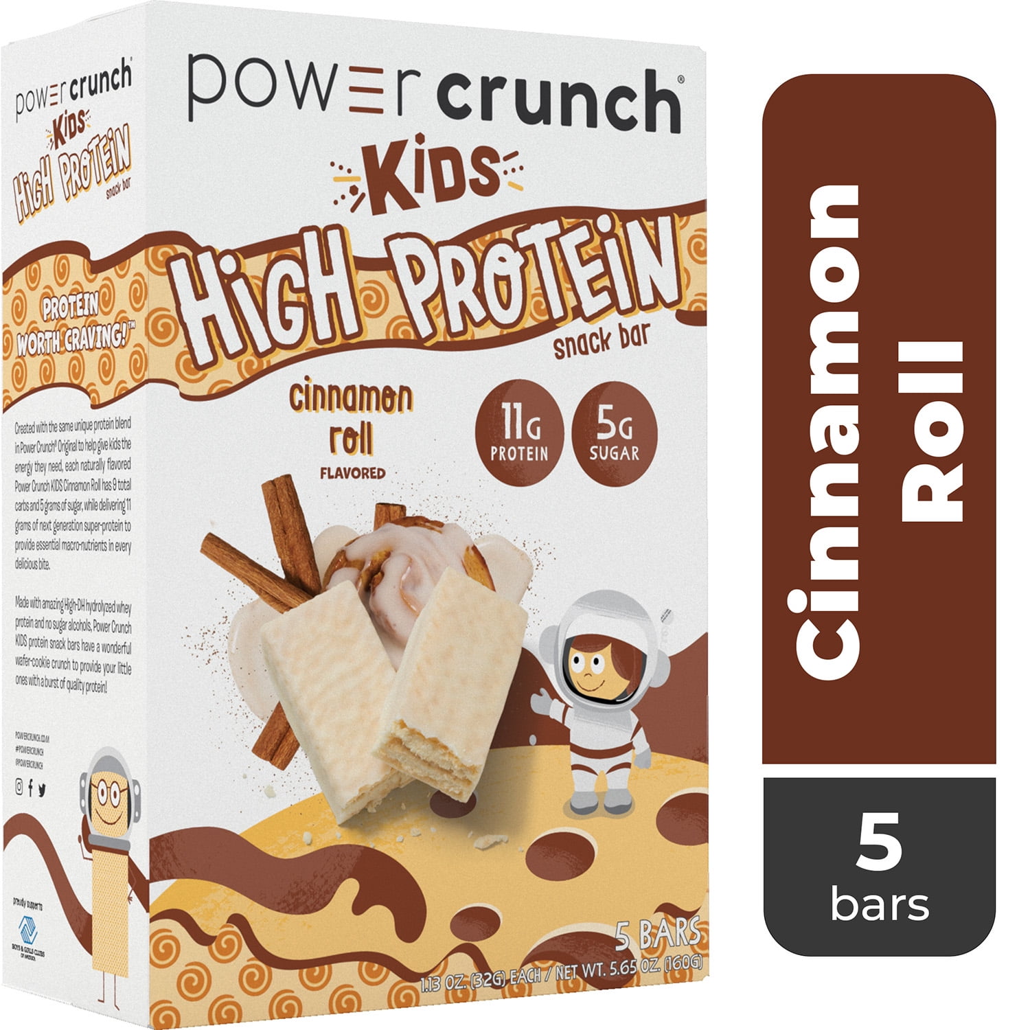 Power Crunch Kids High Protein Snack Bars, Cinnamon Roll Flavor, 1.13 oz, 5 Count
