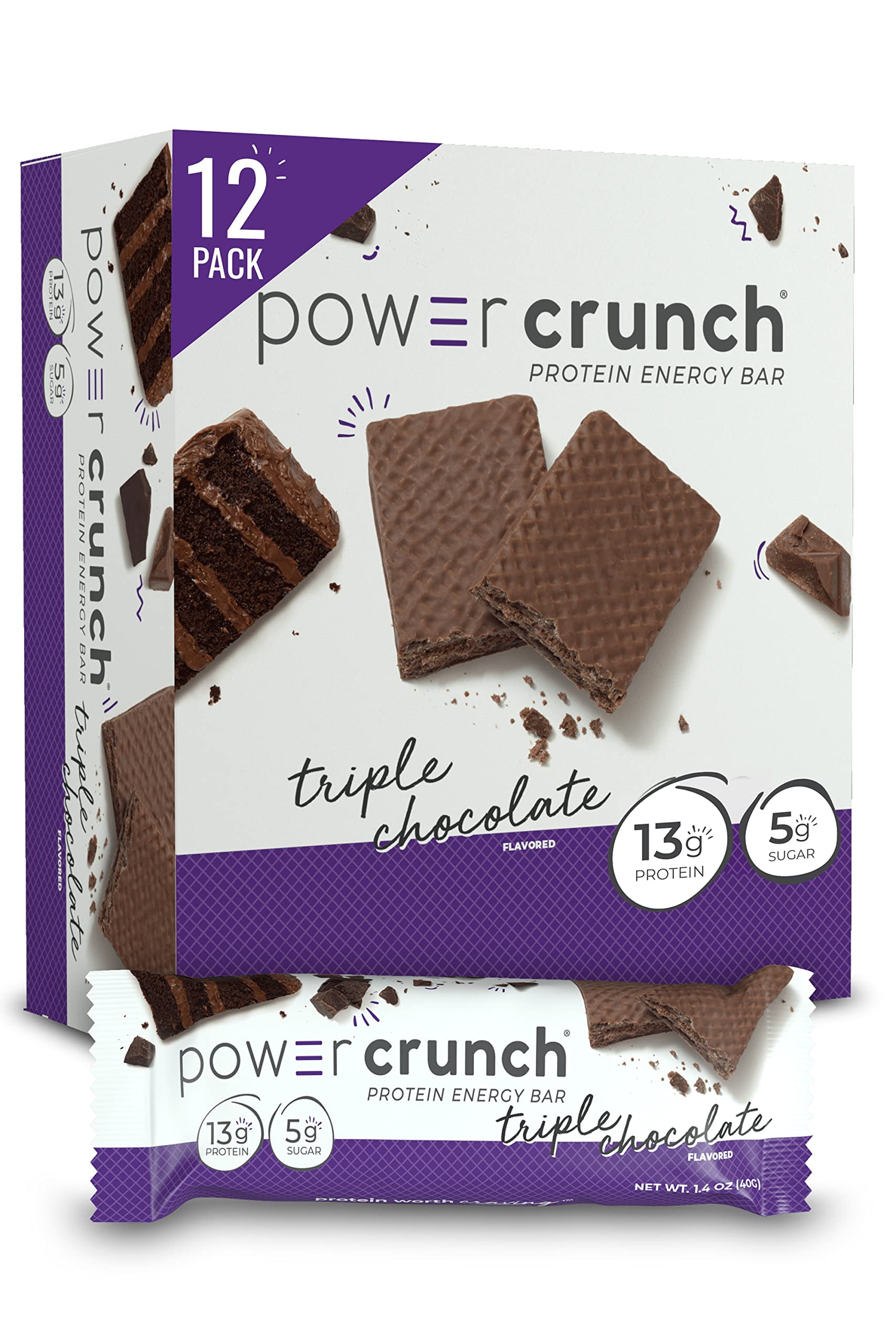 Power Crunch Protein Wafer MZF22 Bars, High Protein Snacks with Delicious Taste, Triple Chocolate, 1.4 Ounce (12 Count)
