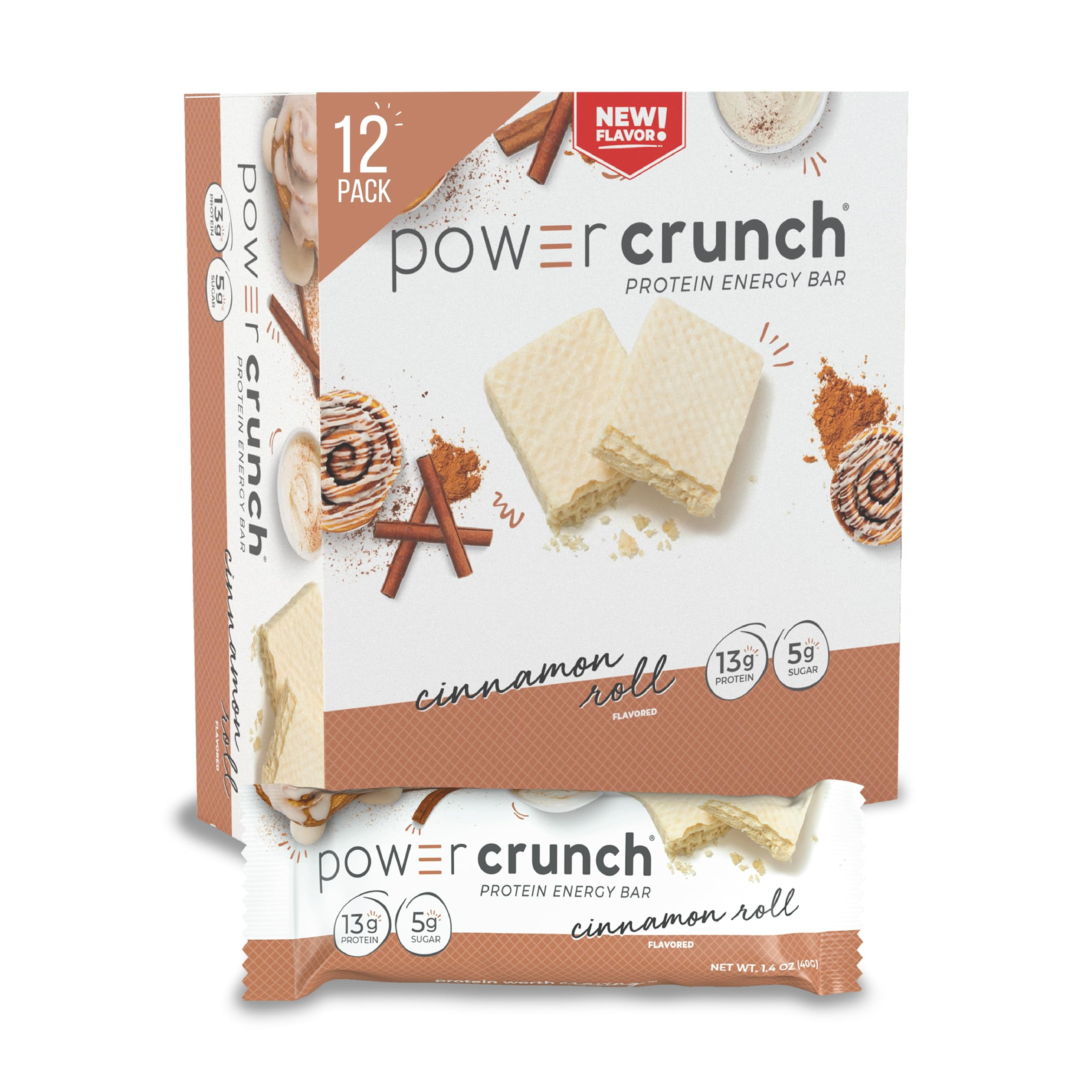 Power Crunch Protein Wafer RRF12 Bars, High Protein Snacks with Delicious Taste, Cinnamon Roll, 1.4 Ounce (12 Count)