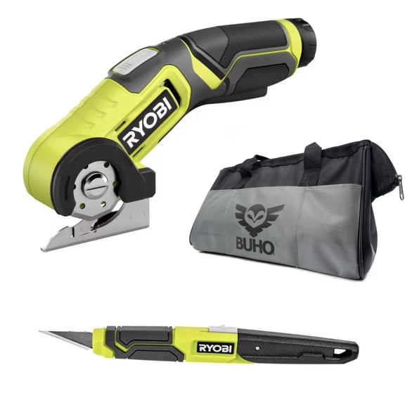 Power Cutter and Knife Bundle with Ryobi Cordless Cutter, Quick Change Knife and Buho Tool Bag Bundle - for Cardboard, Plastic, Carpet, and Rubber - with USB Lithium Battery