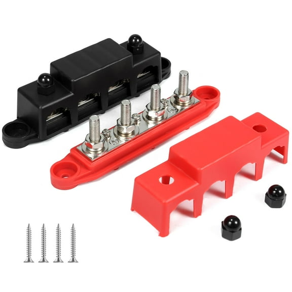 Power Distribution Block Bus Bar 5/16'' Terminal Stud 4 Post with Cover 250 Amp Rating for Marine Automotive and Solar Wiring RV Boat (250A, 5/16'', Red+Black)